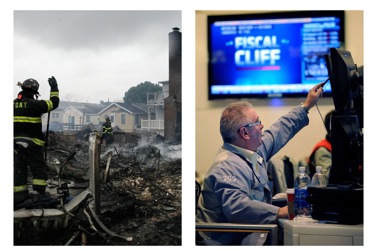 In this combination of Associated Press file photos, a firefighter surveys the smoldering ruins of a house in the Breezy Point section of New York, Tuesday, Oct. 30, 2012, left, and James Dresch of MND Partners Inc. works on the floor of the New York Stock Exchange Wednesday, Nov. 7, 2012 in New York, right. The combination of U.S. employers that shut down because of Superstorm Sandy and fears over looming tax increases and spending cuts likely slowed hiring sharply in November.  A private survey released Wednesday, Dec. 5, 2012, showed that companies added fewer workers last month than in October. (Associated Press)