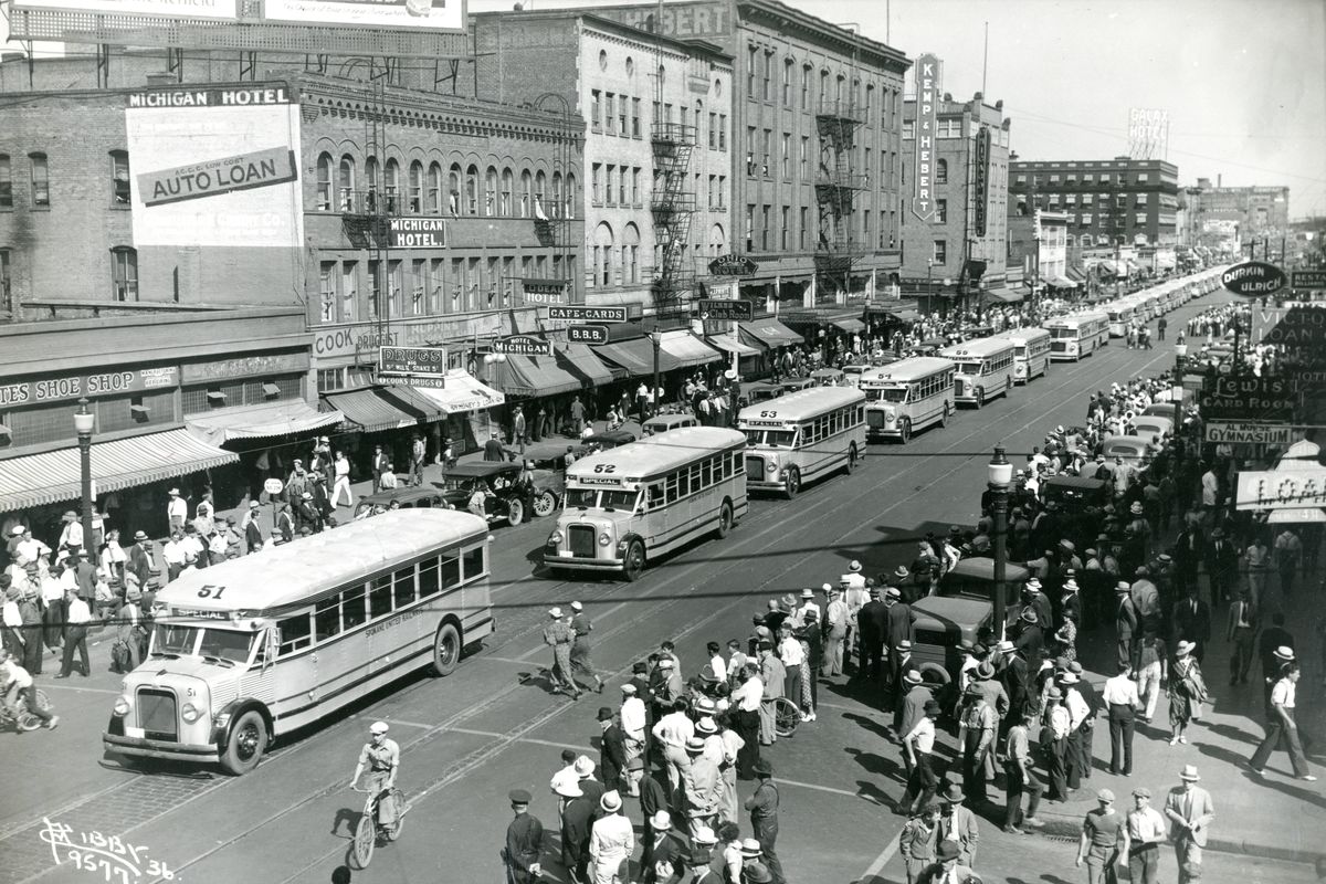 1936: On the day Spokane United Railways, a subsidiary of Washington Water Power, officially retired their fleet of streetcars with a festive parade, they also paraded their buses, built by Fargo Motors, which was part of the Chrysler Corporation. Though S.U.R. had a few buses during the 1920s, it wasn’t until the early 1930s that buses were powerful enough for hilly streets, comfortably heated and reliable enough for grueling daily schedules.  (Charles Libby photo)