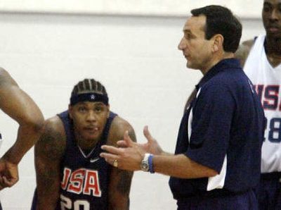 
Team USA's Carmelo Anthony listens to head coach Mike Krzyzewski during USA men's basketball team practice. 
 (Associated Press / The Spokesman-Review)