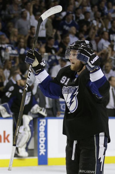 Tampa Bay center Steven Stamkos celebrates Wednesday after the Lightning defeated the Boston Bruins 5-4 in Game 6. (Associated Press)