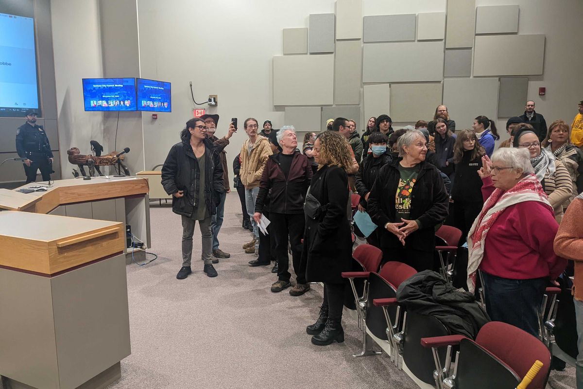 Pro-Palestinian activists shut down a Spokane City Council meeting Monday during a protest over an October resolution in support of Israel and council rules they argue infringe on their First Amendment rights to petition their government.  (Emry Dinman/The Spokesman-Review)