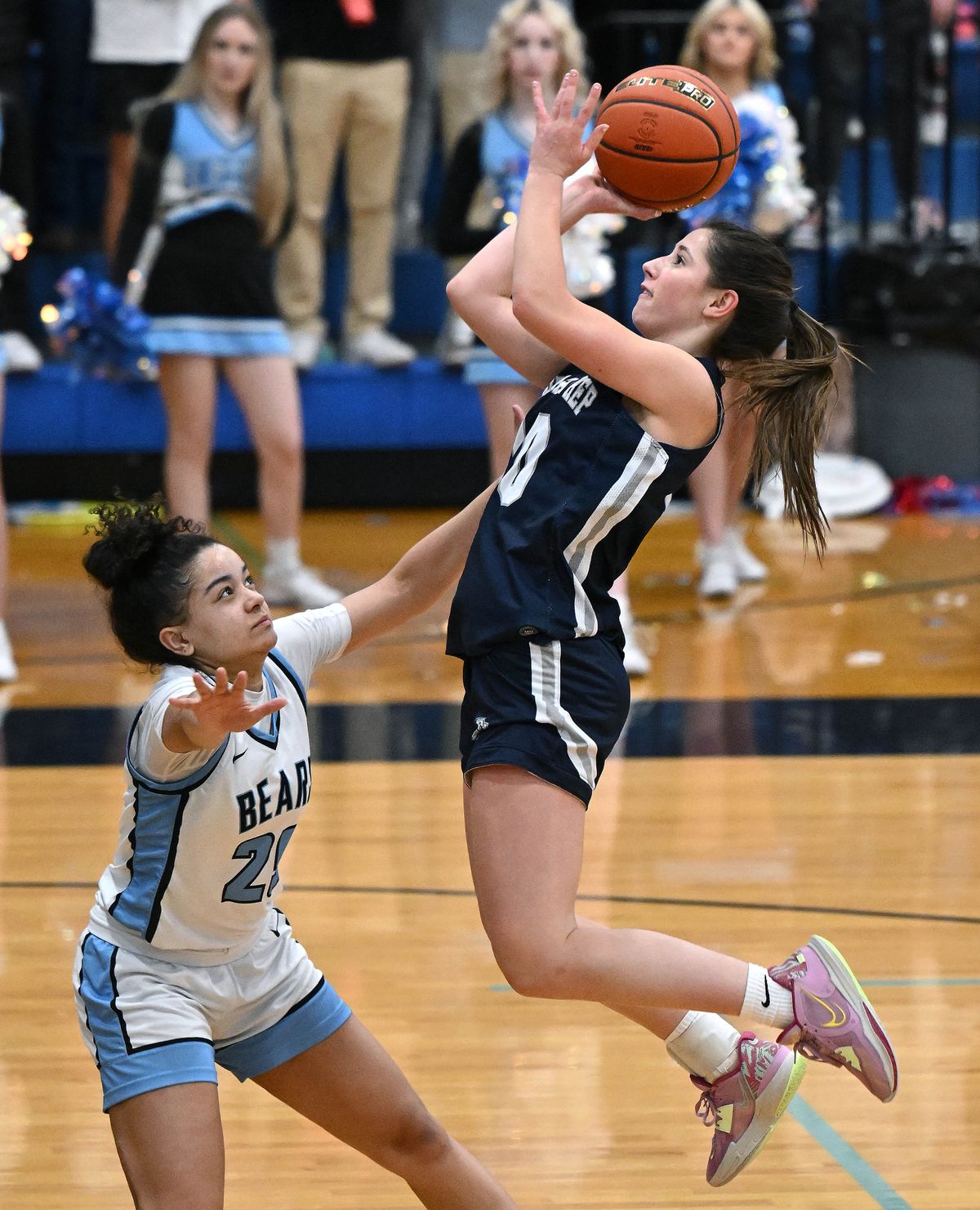 Gonzaga Prep guard Lucy Lynn takes a shot as Central Valley point guard Gabbie Wilson during GSL high school basketball game, Friday, Jan. 20, 2023, at Central Valley High School.  (COLIN MULVANY/THE SPOKESMAN-REVIEW)