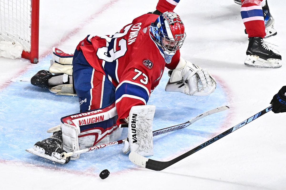 Spokane Chiefs goaltender Dawson Cowan (73) makes a save during the Western Conference semi finals game against the Victoria Royals on Tuesday, April. 22, 2025 at Spokane Arena in Spokane WA.  (James Snook)