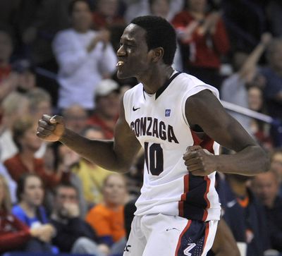 Gonzaga's Mangisto Arop, celebrating a Gonzaga score against Pepperdine last January, has been granted his release from GU. (Dan Pelle / The Spokesman-Review)