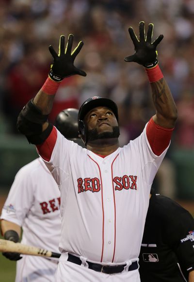 Boston’s David Ortiz looks skyward after first home run. (Associated Press)