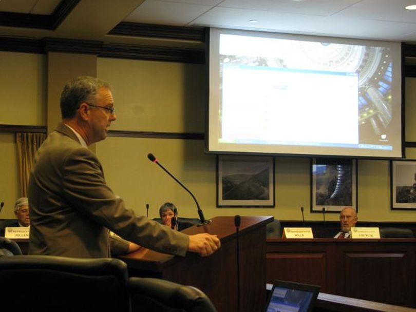House Transportation Chairman Joe Palmer, R-Meridian, pitches his bill Thursday to shut off all parking meters around the state Capitol while the Legislature is in session; despite opposition from the city of Boise, the Transportation Committee passed the bill on a 9-5 vote. (Betsy Russell)