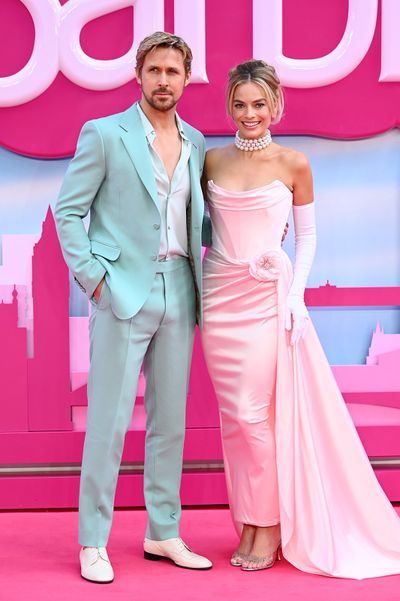 Ryan Gosling, left, and Margot Robbie attend the “Barbie” European premiere at Cineworld Leicester Square on July 12, 2023, in London.  (Getty Images)