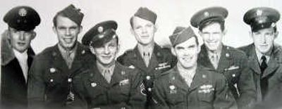 
The Peterson brothers all served in the military, mostly during WWII. This is a composite photo of the seven young men, made up of a photo of five of them, with two added digitally. They are, from left, Paul Peterson, Lester Peterson, Edward Peterson, George Peterson, Walter Peterson, William Peterson and Charles Peterson. Four of the brothers are still living. Photos courtesy of family
 (Photos courtesy of family / The Spokesman-Review)