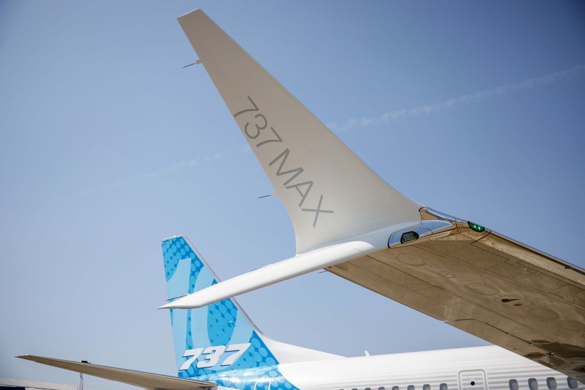 The winglets on a Boeing 737 Max 10 are on display at the Farnborough International Airshow in Farnborough, U.K., on July 19.  (Jason Alden/Bloomberg)