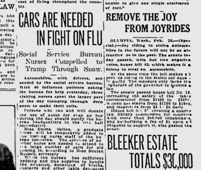 Officials asked the public to help the influenza nurses by lending them use of autos becuase Spokane was buried under almost a foot of fresh snow and new flu cases were increasing, the Spokane Daily Chronicle reported on Feb. 26, 1919. This newspaper also reported that “joyriding” – essentially car theft – would become a felony under a bill approved by the Washington House. (Spokesman-Review archives)