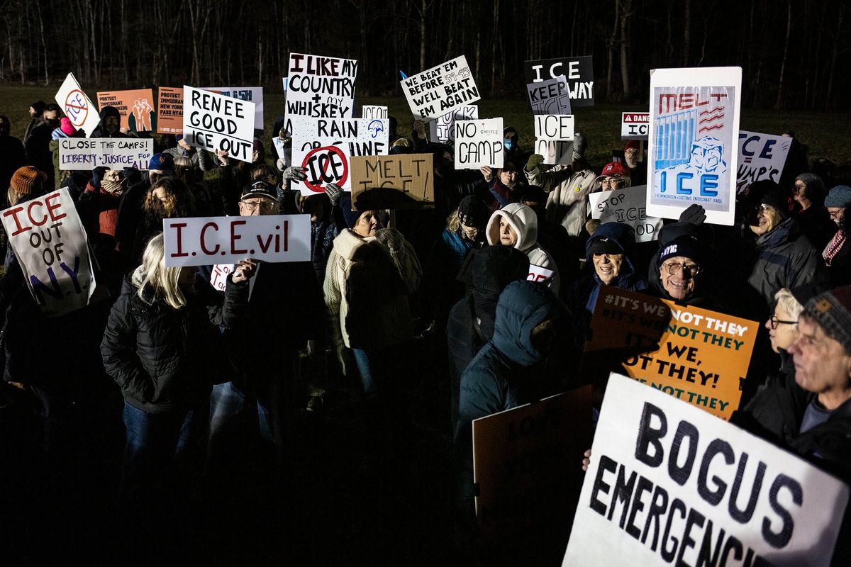 Protesters oppose a warehouse potentially being repurposed to function as an ICE facility during a village board meeting on Jan. 12 at the Chester Senior Center in Chester, N.Y.  (BRYAN ANSELM)