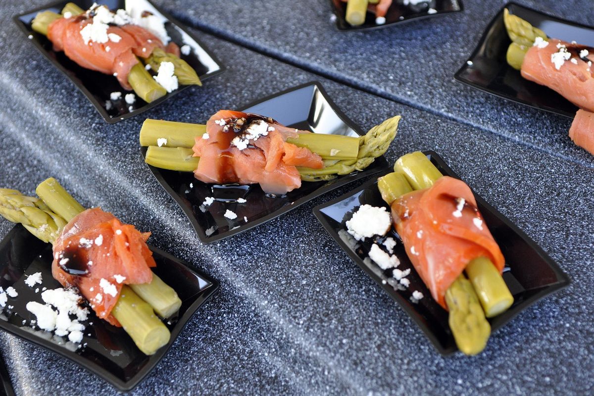 This smoked-salmon wrapped pickled asparagus with goat cheese and balsamic came from chef Grant Hinderliter of the Marcus Whitman Hotel in Walla Walla. (Adriana Janovich / The Spokesman-Review)