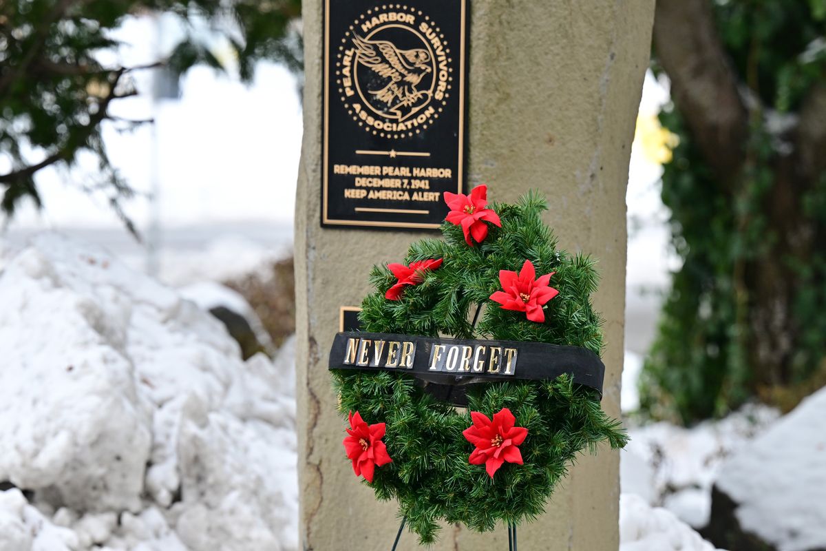 A Pearl Harbor remembrance day wreath is displayed on Wednesday, Dec. 7, 2022, at the Pearl Harbor memorial outside Spokane Veterans Memorial Arena in Spokane, Wash.  (Tyler Tjomsland/The Spokesman-Review)