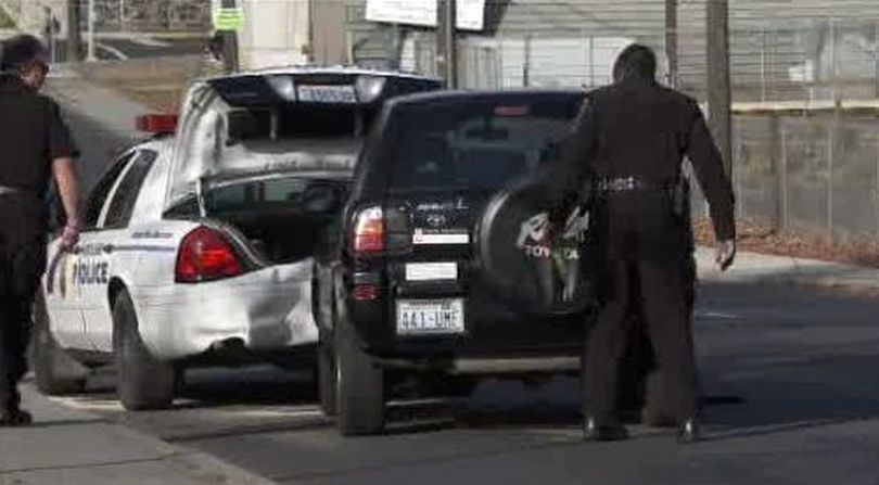 This photo shows an SUV that rear-ended a Spokane police cruiser Wednesday, Nov. 4, 2009. The patrol car was stopped on Maple Street just south of Sinto Avenue about 1 p.m. while Officer Jeff Graves helped a person. (KHQ-TV)