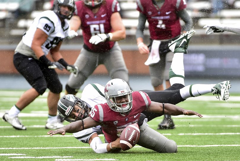 WSU receiver John Thompson (85) has a pass broken up by Portland State during the second half of a college football game on Saturday, Sep 5, 2015, at Martin Stadium on Pullman, Wash. (Tyler Tjomsland / The Spokesman-Review)