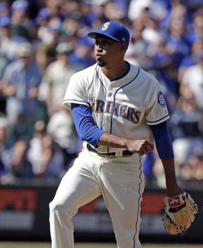 Before Saturday’s Game 4 of the World Series in Los Angeles, Major League Baseball announced that Mariners closer Edwin Diaz was named the 2018 Mariano Rivera American League Reliever of the Year, which is given to the season’s top reliever in the American League. (Elaine Thompson / Associated Press)