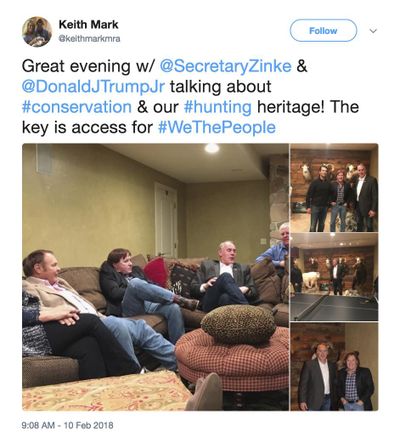 This screenshot of a Twitter post from the page of Keith Mark shows photos of Interior Secretary Ryan Zinke meeting with Donald Trump Jr. and Keith Mark. A new U.S. advisory board created to help rewrite federal rules for importing the heads and hides of African elephants, lions and rhinos is stacked with trophy hunters, including some members with direct ties to President Donald Trump and his family. Trump Jr. is friendly with another member of the advisory council – hunting guide and TV show personality Mark. He helped organize Sportsmen for Trump during the 2016 presidential campaign and recently posted photos on his Twitter page of himself with Trump Jr. and Zinke, standing before an array of mounted big-horn sheep and a bear. (Associated Press)