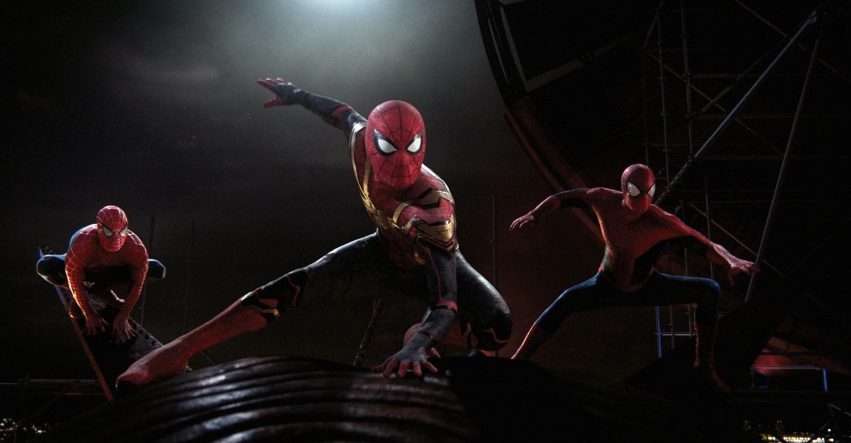 From left: Tobey Maguire, Tom Holland and Andrew Garfield in “Spider-Man: No Way Home.”  ( Sony Pictures)