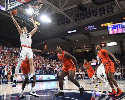 Gonzaga Bulldogs forward Filip Petrusev scores on a layup during the first half of  Saturday, Jan. 25, 2020, at McCarthey Athletic Center. (Tyler Tjomsland / The Spokesman-Review)