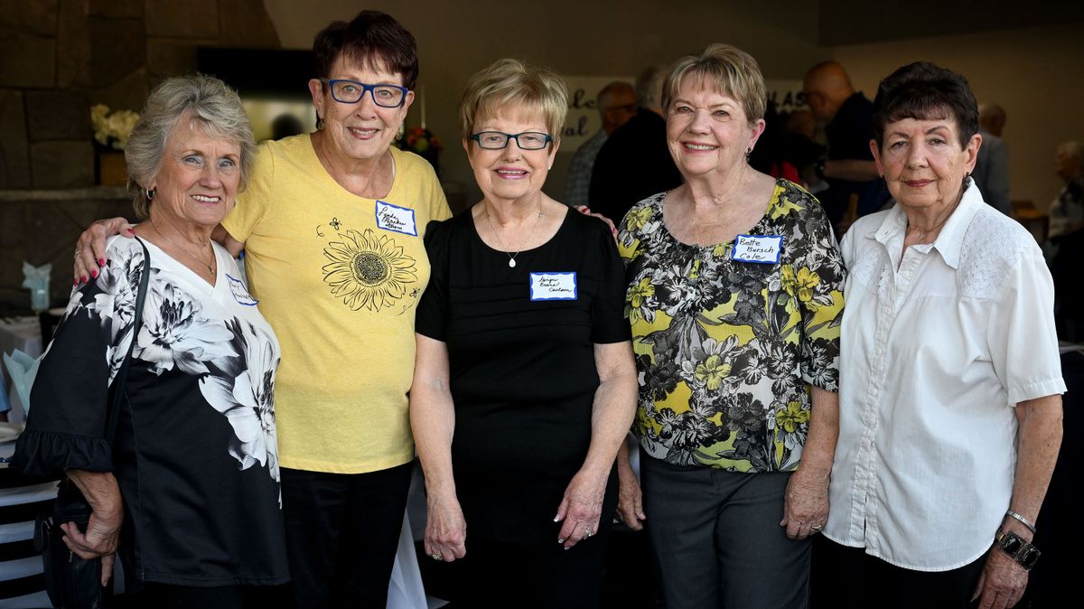 Friends from Central Valley High School class of 1960 from left, Peggy Schoolcraft, Linda Strom, Ginger Carlson, Bette Cole and Edith Milanovich are photographed Friday during their class reunion at Darcy’s in Spokane Valley. (Kathy Plonka/The Spokesman-Revie)