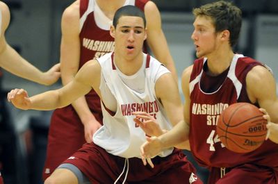 WSU freshman Klay Thompson closely guards fellow freshman Nick Witherill during practice last week.  (Dan Pelle / The Spokesman-Review)