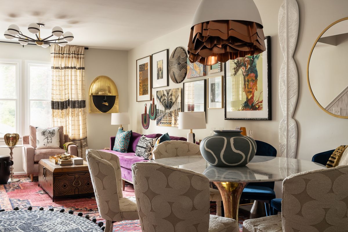 Interior designer Beth Diana Smith brought her maximalist style to life in her Irvington, N.J., living room with framed kuba cloth, a vintage African shield, several pieces of framed art and mudcloth throws.  (Mike Van Tassel)