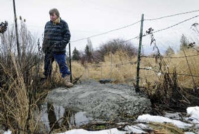
Tina Flint, a neighbor to  Lanzce Douglass' Southridge project at 29th and Havana, is concerned about the development, including this concrete dam recently placed near a wetland on the property's northwest corner. 
 (Dan Pelle / The Spokesman-Review)