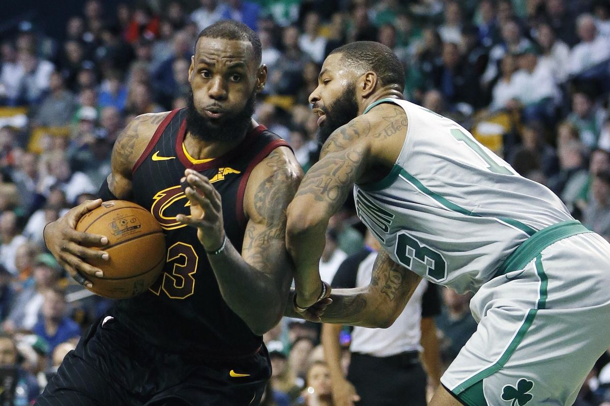 In this Feb. 11, 2018, file photo, Cleveland Cavaliers’ LeBron James (23) drives against Boston Celtics’ Marcus Morris (13) during the third quarter of an NBA basketball game in Boston. Although there were long stretches when it seemed impossible that the Cleveland Cavaliers and Boston Celtics would meet in the Eastern Conference finals, theyre set to clash for the third time in four years. (Michael Dwyer / Associated Press)