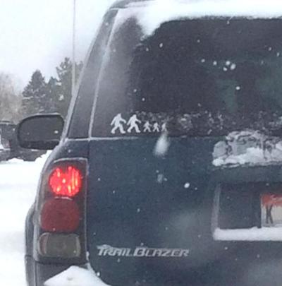 I'm always on the look-out for column fodder, like bumpersnickers (and related items). Nic Casey, who isn't a fan of stick figures in back windows, liked this one -- of a family of abominable snowmen, 5 in all. Nic spotted it while dropping his kids off at Skyway Elementary this AM.