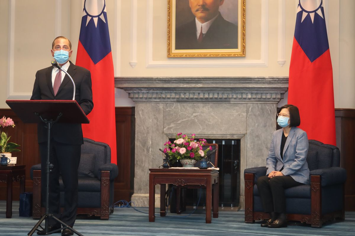 U.S. Health and Human Services Secretary Alex Azar, left, speaks during a meeting with Taiwan