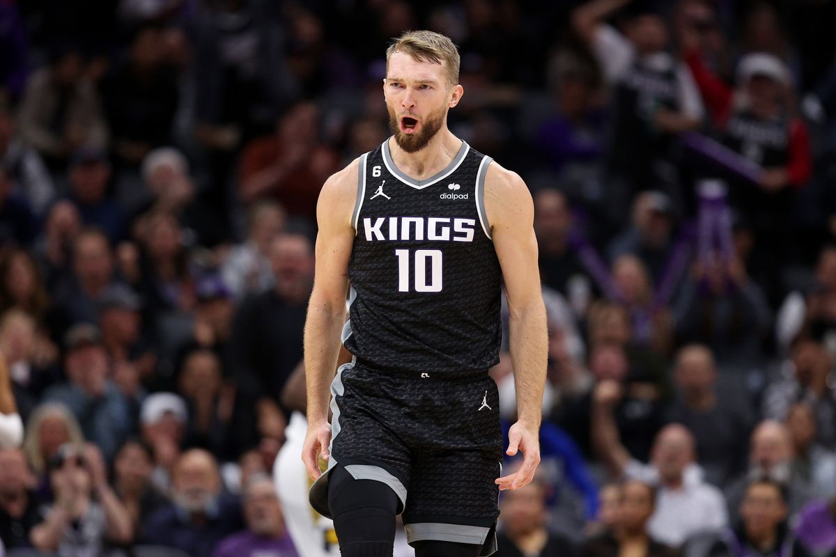  Domantas Sabonis #10 of the Sacramento Kings reacts after the Kings made a basket against the Indiana Pacers at Golden 1 Center on November 30, 2022 in Sacramento, California.   (Getty Images)
