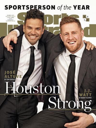 This image provided by Sports Illustrated shows the cover for the December issue of the magazine, featuring Houston Astros' Jose Altuve, left, and Houston Texans' J.J. Watt. On Monday, Dec. 4, 2017, the two were honored by Sports Illustrated when they were given the magazines prestigious Sportsperson of the Year award. (Sports Illustrated via AP) ORG XMIT: NYJK211 (AP)