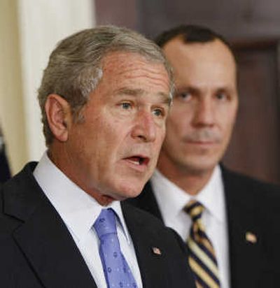 
President Bush,  accompanied by acting FAA Administrator Robert Sturgell, discusses aviation congestion Thursday in the White House. Associated Press
 (Associated Press / The Spokesman-Review)