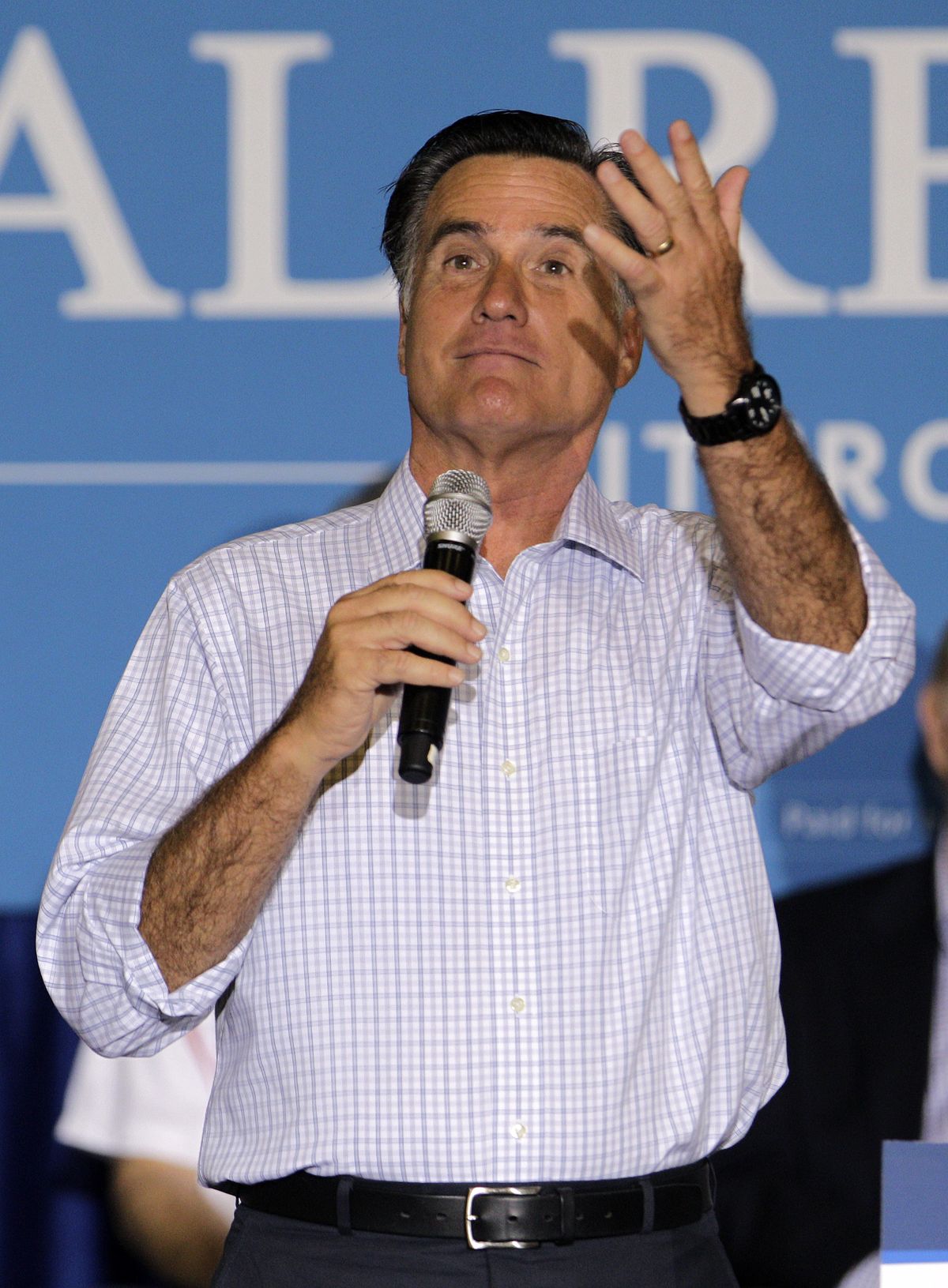 Republican presidential candidate, former Massachusetts Gov. Mitt Romney reacts to hecklers while speaking at a campaign rally, Wednesday, Sept. 26, 2012, in Westerville, Ohio. (Jay Laprete / Fr52593 Ap)