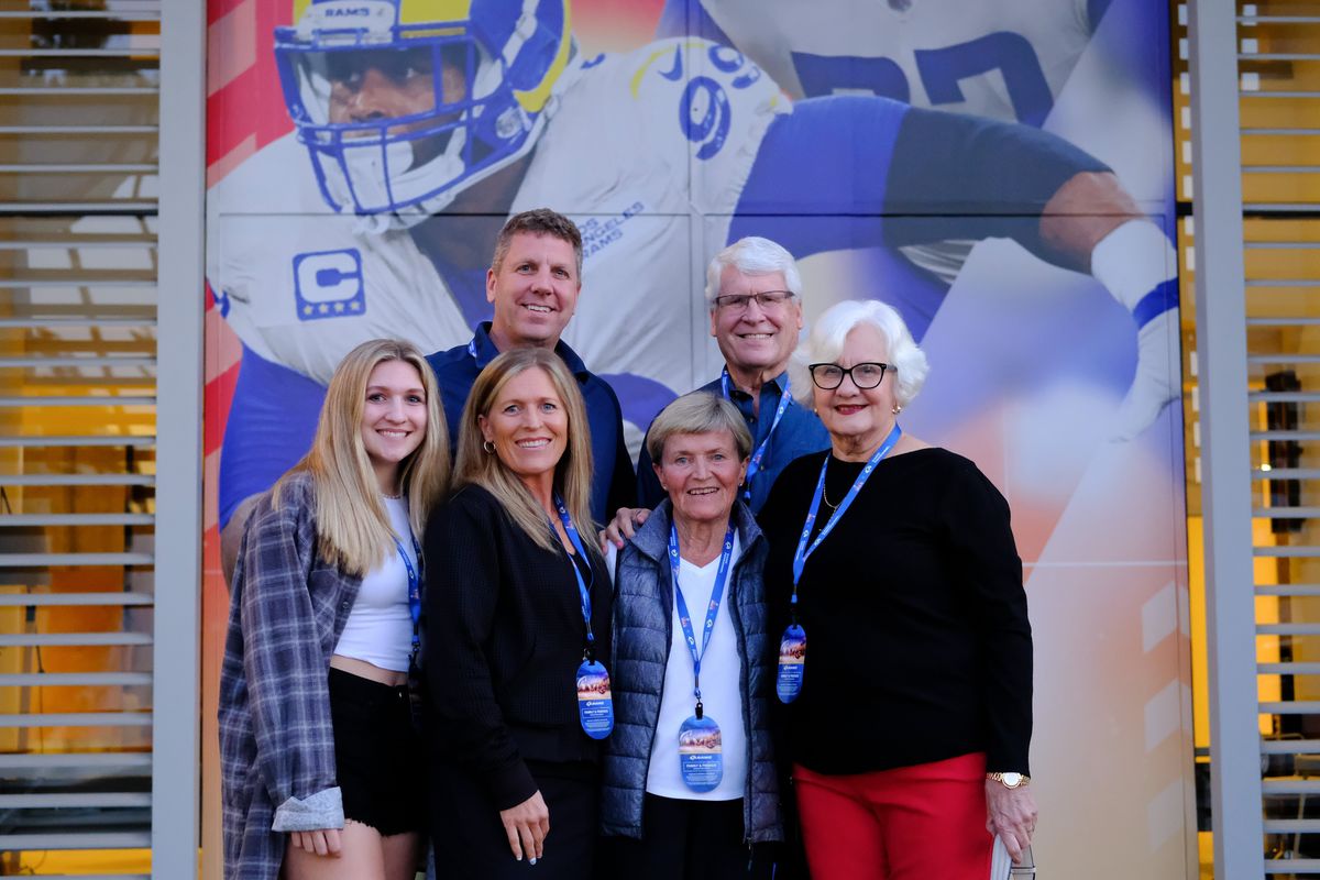 Cooper Kupp’s sister Katrina Kupp, left, parents Craig and Karin Kupp, maternal grandmother Linda Gilmer and grandparents Jake and Carla Kupp pose for a photo outside of their hotel on Friday in Los Angeles.  (Tyler Tjomsland/The Spokesman-Review)