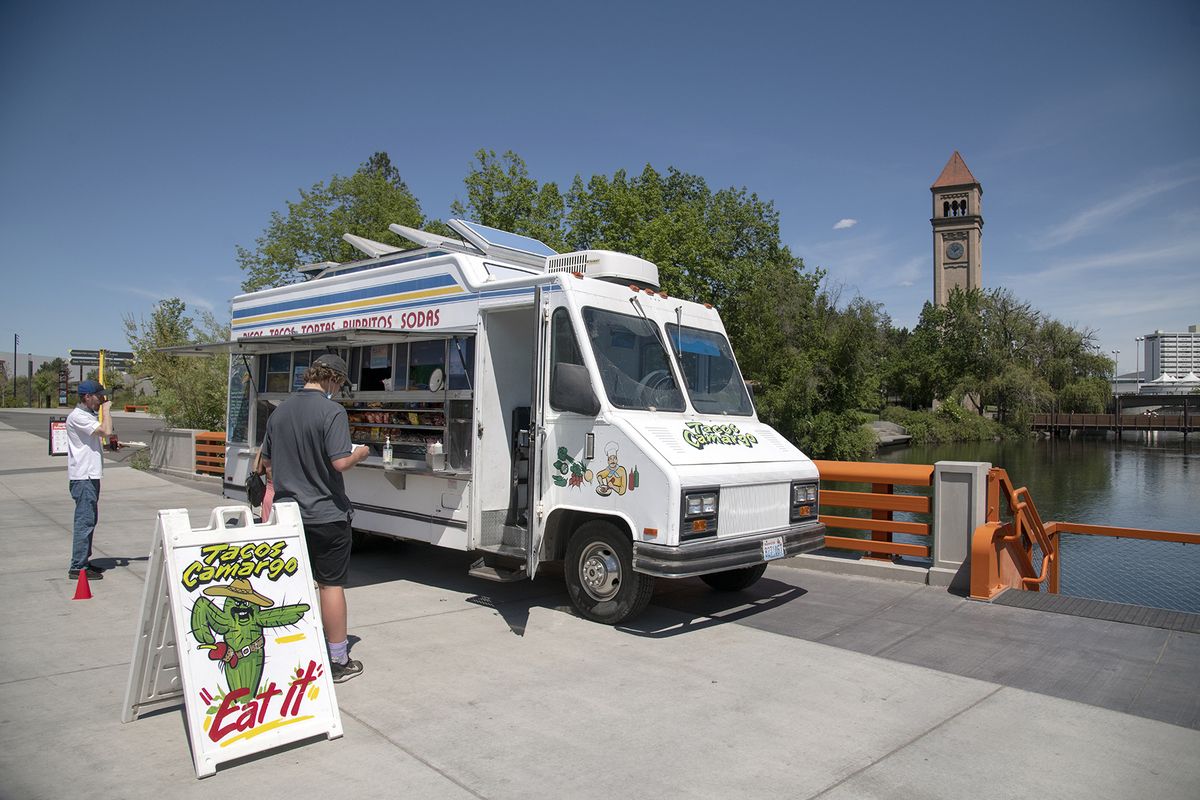 The Tacos Carmargo food truck waits to serve customers on the Howard Street Bridge last Tuesday in Riverfront Park.  (Jesse Tinsley/THE SPOKESMAN-REVI)