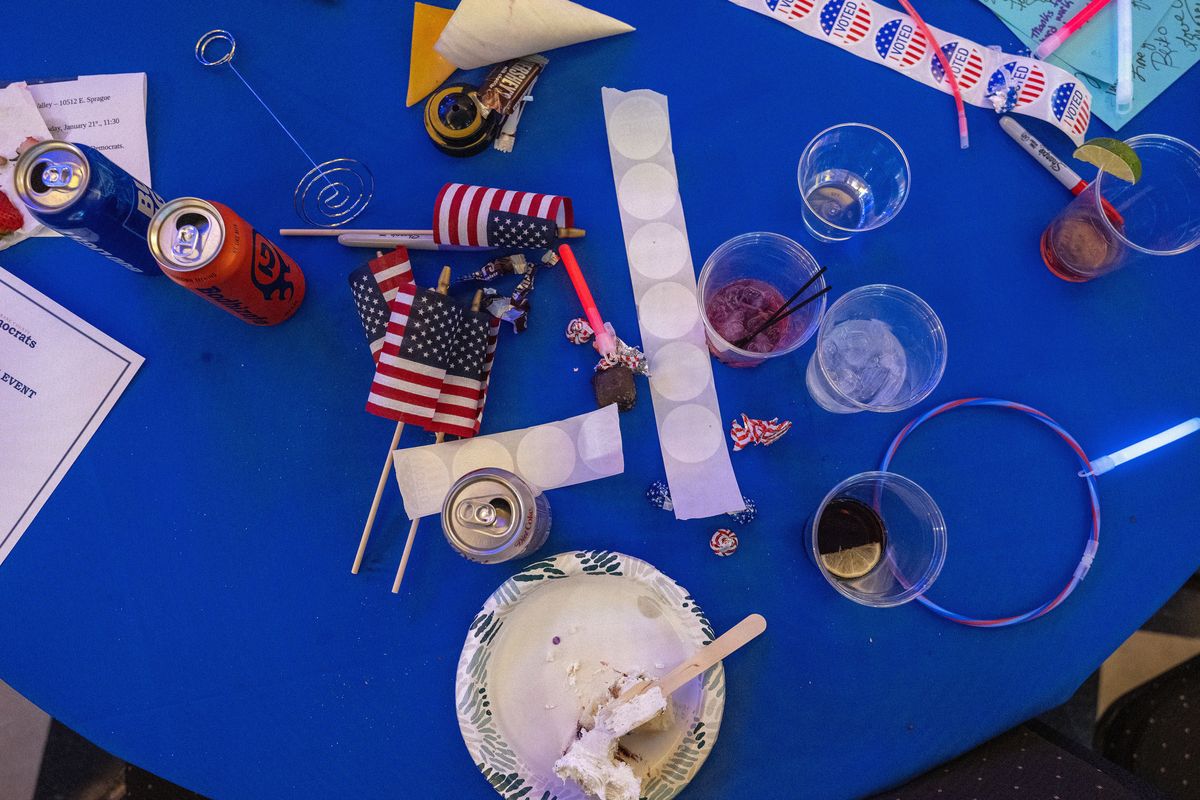 At the Spokane County Democratic election night watch party, a table awaits cleanup Tuesday at the Riverside Place events venue.  (COLIN MULVANY/THE SPOKESMAN-REVIEW)