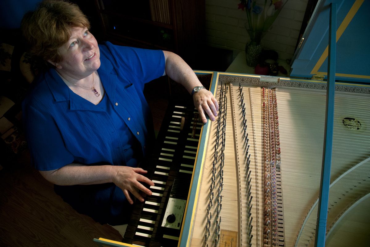 Mij Ploger is a Spokane musician who builds custom harpsichords and keyboards in her north Spokane home. This is her latest project. (Dan Pelle)
