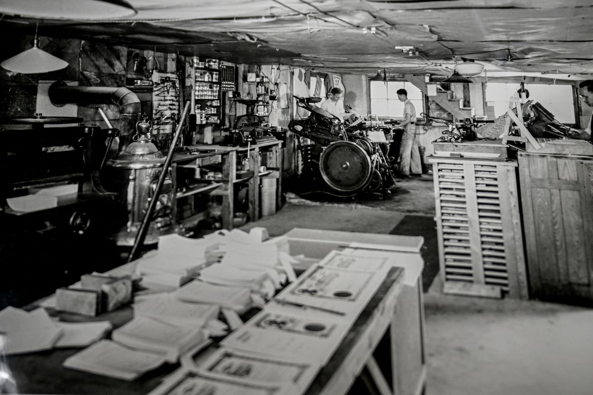 Lawton Printing photographed in 1940 operating in a former chicken coop.  (Courtesy of the Lawton family)