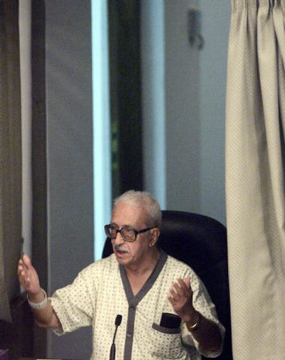 
Former Iraqi Foreign Minister Tariq Aziz testifies for the defense Wednesday during former Iraqi leader Saddam Hussein's trial, being held in the heavily fortified Green Zone in Baghdad, Iraq. 
 (Associated Press / The Spokesman-Review)