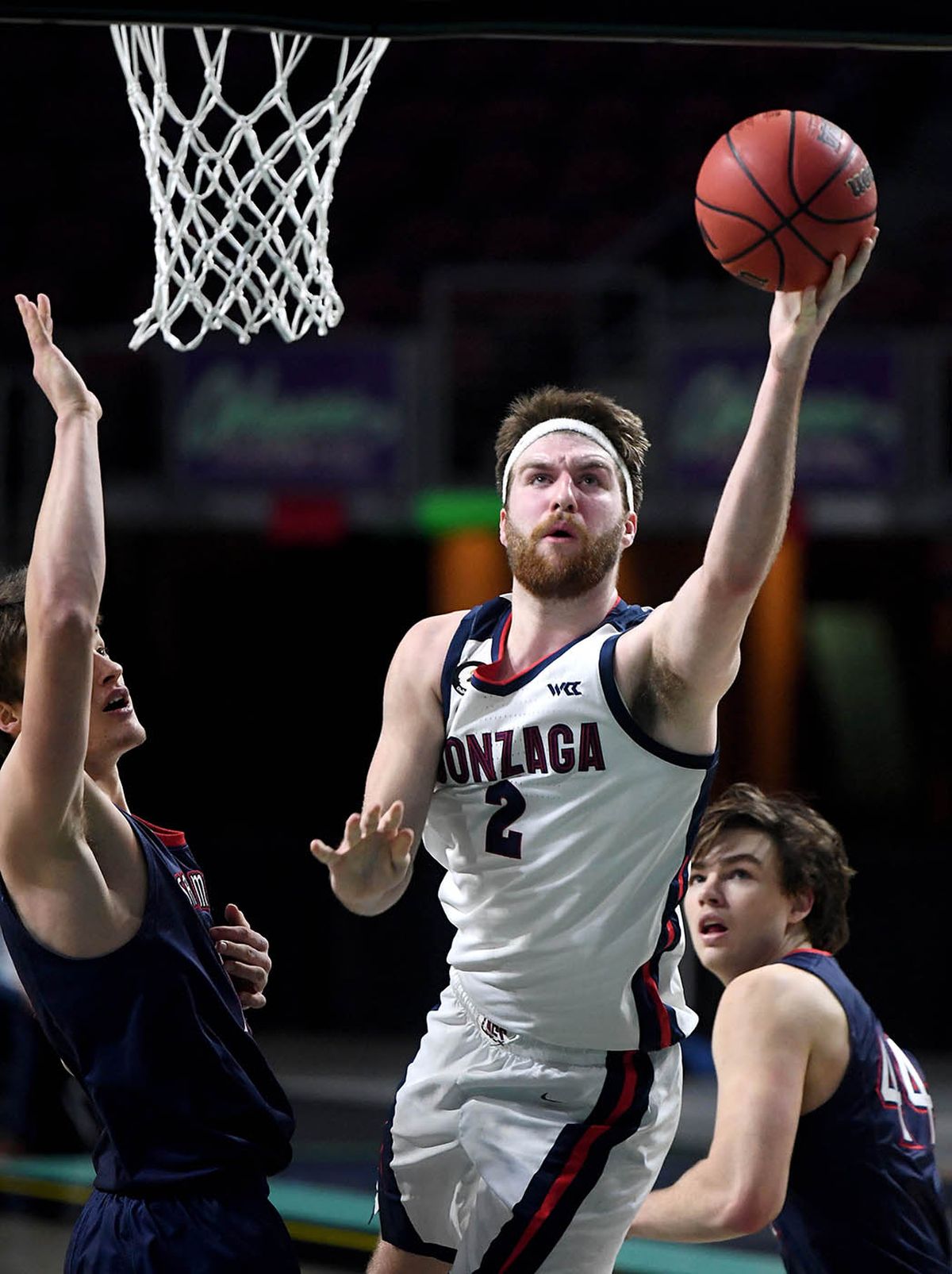 Gonzaga forward Drew Timme drives to the basket during a West Coast Conference Tournament semifinal Monday night in Las Vegas.  (COLIN MULVANY/THE SPOKESMAN-REVIEW)