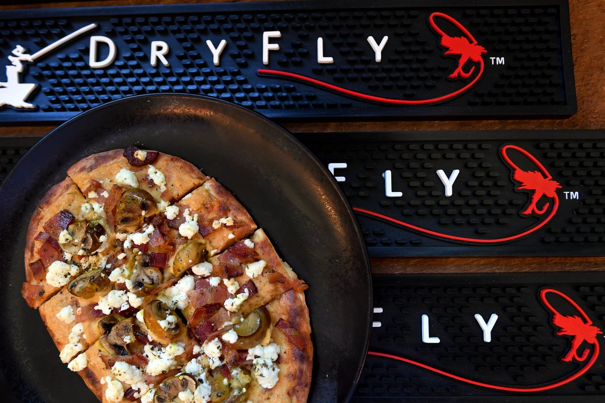 Dry Fly’s Mushroom Bacon and Goat Cheese Flatbread is photographed on Friday, Jun 24, 2022, at Dry Fly in Spokane, Wash.  (Tyler Tjomsland/The Spokesman-Review)
