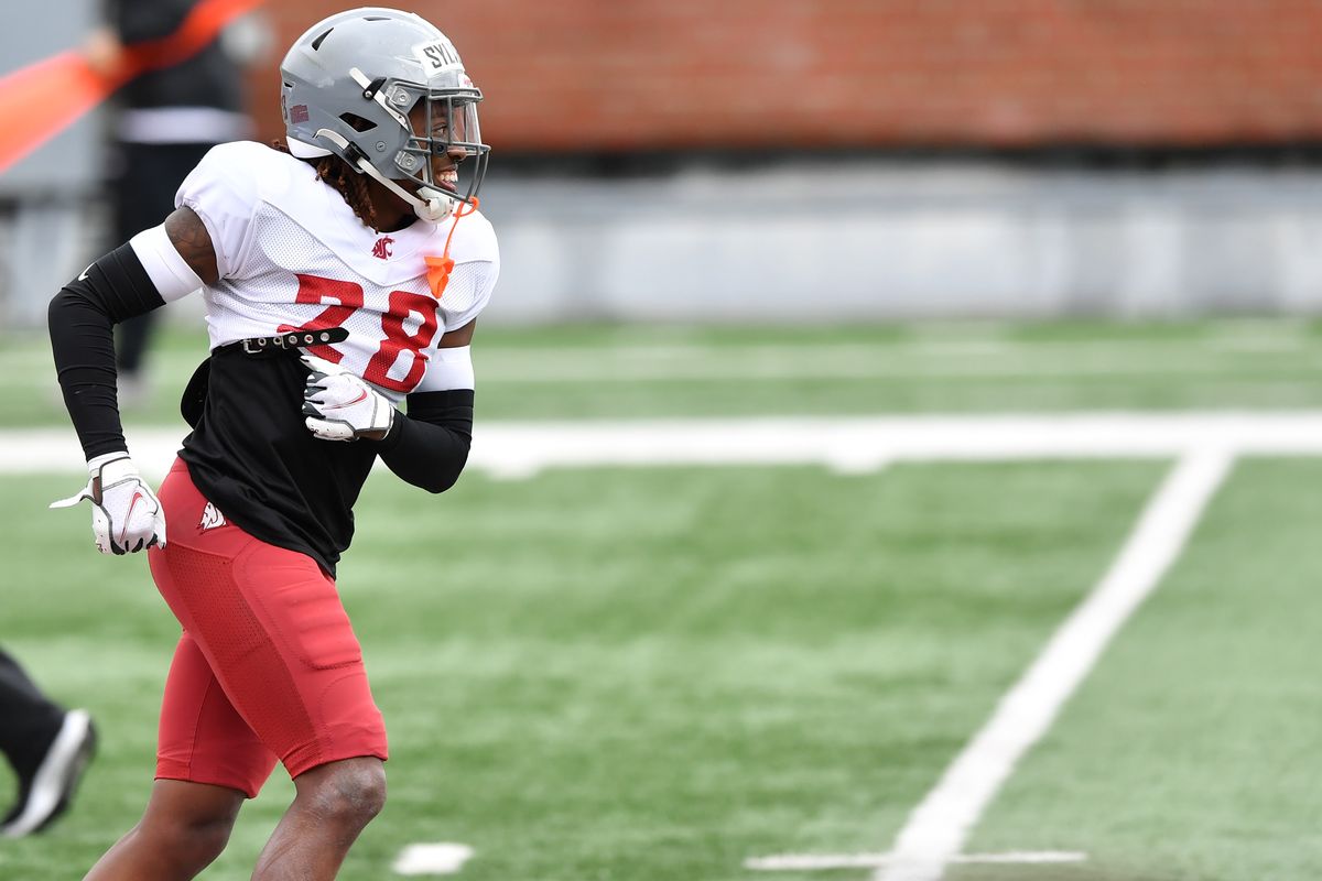 Washington State Cougars defensive back Reece Sylvester (28) celebrates as WSU’s first spring scrimmage comes to an end on Saturday, Apr 6, 2024, on Gesa Field in Pullman, Wash.  (Tyler Tjomsland/The Spokesman-Review)
