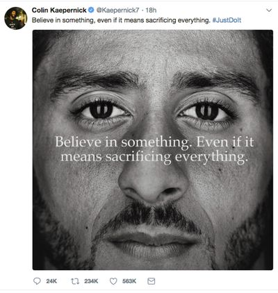 This image taken from the Twitter account of the former National Football League player Colin Kaepernick shows a Nike advertisement featuring him that was posted Monday, Sept. 3, 2018. (Associated Press)