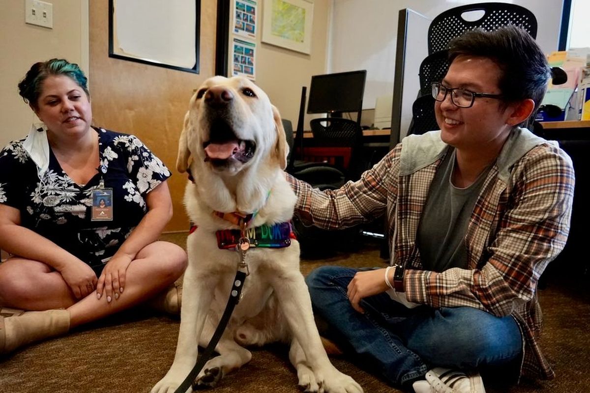 Sierra Chapman and Kevin DeVore, employees at Clackamas County’s Urgent Mental Health Walk-In Center, meet Duke the therapy dog.  (Samantha Swindler)