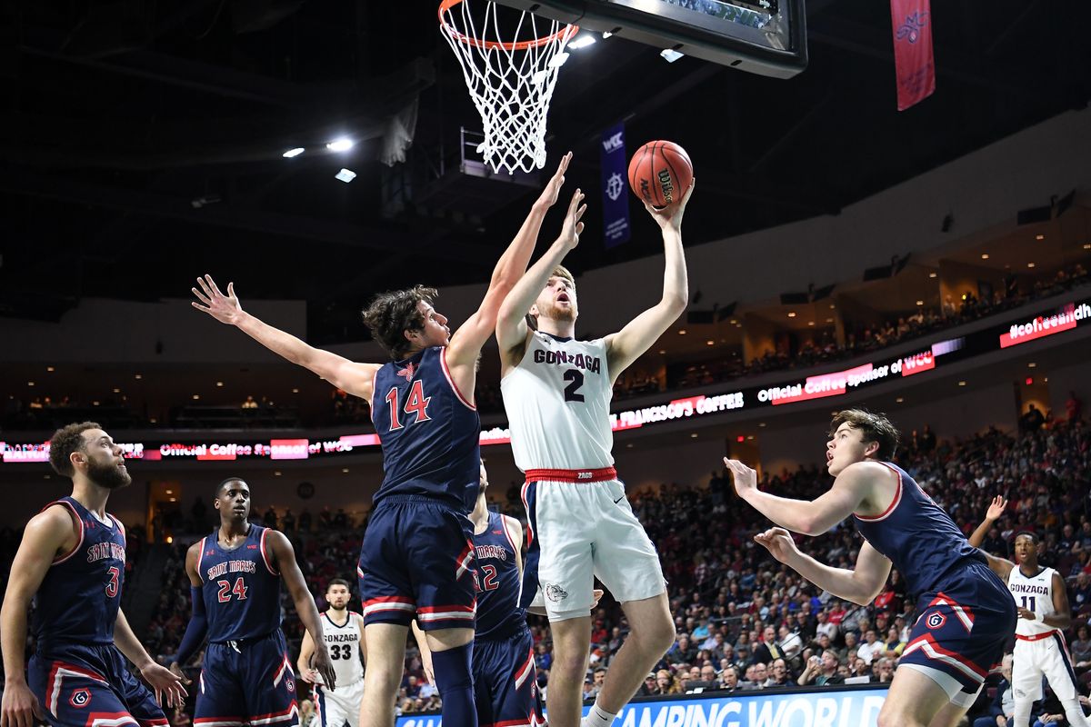 Gonzaga’s Drew Timme, pictured against Saint Mary’s during the WCC Tournament championship game last March, joined teammates Joel Ayayi and Corey Kispert on the preseason All-WCC team. (Tyler Tjomsland / The Spokesman-Review)