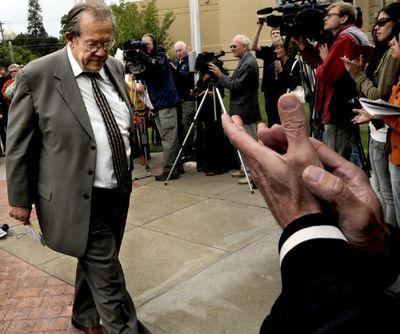 In this Sept. 7, 2010, SR file photo, Norm Gissel, local attorney who assisted Southern Poverty Law Center attorney Morris Dees in the legal case that bankrupted the Aryan Nations receives applause after addressing the crowd at the Veterans Memorial Plaza in Coeur d'Alene for the ten-year anniversary of the verdict. (Kathy Plonka/SR file photo)