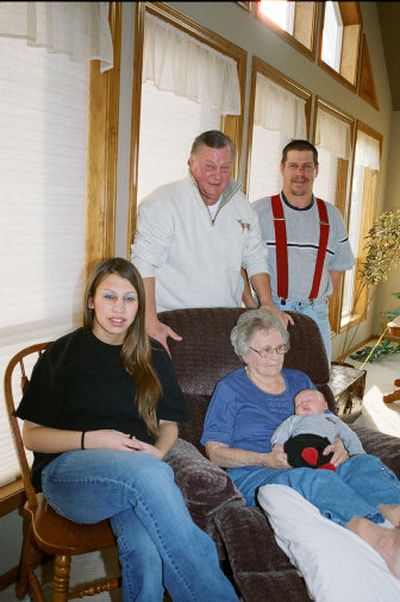 
Gerda Wichterman of Elk, seated at right, is holding her great-great-grandson, Jasiah Davis of Deer Park. Also pictured, from left, are her great-granddaughter, Elizabeth Wichterman, son Jack Wichterman and grandson John Wichterman, all of Deer Park.  
 (Family photo / The Spokesman-Review)