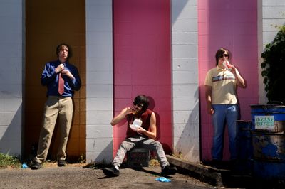 Erik Viking, from left, Jordan Hoff and Justin Hynes are playing their last show and breaking up all in the same night tonight.  (Rajah Bose / The Spokesman-Review)