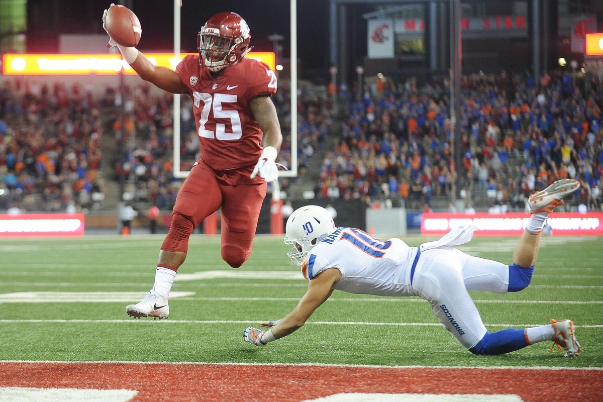 Washington State Cougars running back Jamal Morrow (25) runs the ball in off a Tyler Hilinski (3) pass for a touchdown to tie the game against Boise State during the second half of a college football game on Saturday, September 9, 2017, at Martin Stadium in Pullman, Wash. (Tyler Tjomsland / The Spokesman-Review)